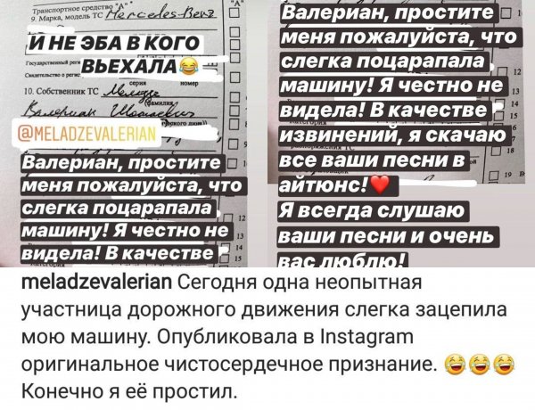 Пост с извинениями виновница ДТП опубликовала в Сети, где его увидел Меладзе; изображения со страницы @meladzevalerian в Instagram